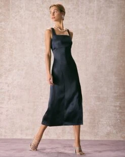 The Navy Square Neck Sheath Satin Midi Dress 10 The Navy Square Neck Sheath Satin Midi Dress -Outlet Dress Mix Up Store the square neck satin midi dress dresses wnsuet
