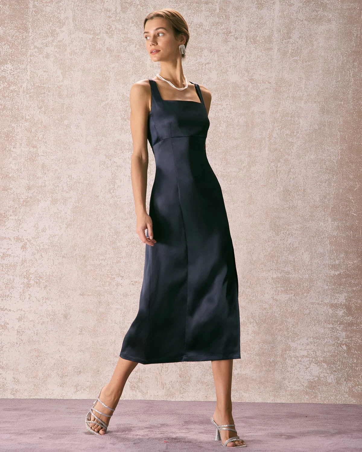 The Navy Square Neck Sheath Satin Midi Dress 5 The Navy Square Neck Sheath Satin Midi Dress - Image 5
