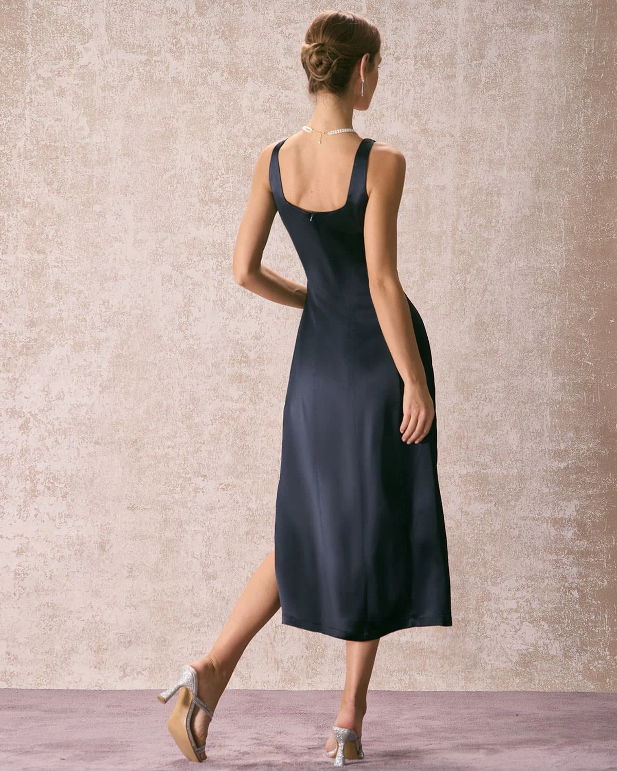 The Navy Square Neck Sheath Satin Midi Dress 6 The Navy Square Neck Sheath Satin Midi Dress - Image 6