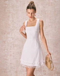 The White Square Neck Sleeveless Tassel Mini Dress -Outlet Dress Mix Up Store the square neck tassel mini dress dresses iqbgca