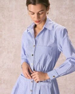 The Blue Striped Pleated Shirt Mini Dress -Outlet Dress Mix Up Store the striped pleated shirt dress dresses dop8xw