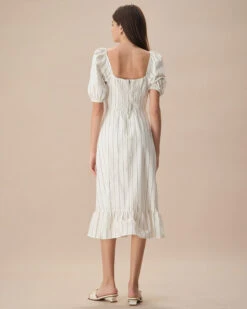 The Beige Puff Sleeve Striped Split Cotton Midi Dress -Outlet Dress Mix Up Store the striped split hem midi dress dresses zws1dh