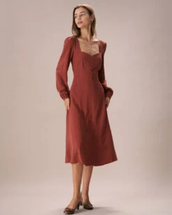 The Caramel Sweetheart Neck Midi Dress -Outlet Dress Mix Up Store the sweetheart neck button dress dresses 2hd6tl