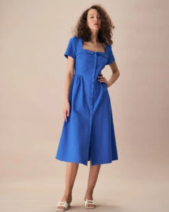 The Blue Sweetheart Neck Button Midi Dress -Outlet Dress Mix Up Store the sweetheart neck button midi dress dresses 6kkbcd