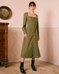 The Green Sweetheart Neck Button Midi Dress -Outlet Dress Mix Up Store the sweetheart neck button midi dress dresses iotbwn