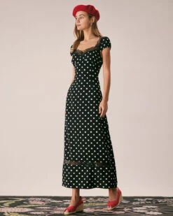 The Black Lace Trim Polka Dot Maxi Dress -Outlet Dress Mix Up Store the sweetheart neck lace polka dot dress black dresses lkeezf