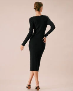 The Black Pearl Trim Bodycon Knit Midi Dress -Outlet Dress Mix Up Store the sweetheart neck pearl trim sweater dress dresses ulenbi