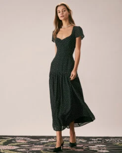 The Black Sweetheart Neck Polka Dot Maxi Dress -Outlet Dress Mix Up Store the sweetheart neck polka dot dress dresses hiojml