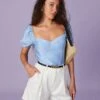 The Blue Sweetheart Neck Puff Sleeve Blouse