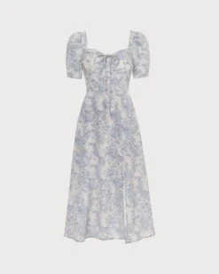 The Blue Sweetheart Neck Puff Sleeve Floral Midi Dress -Outlet Dress Mix Up Store the sweetheart neck puff sleeve floral dress blue dresses t90dv1 892703
