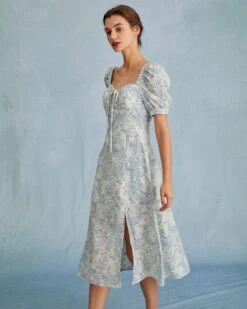 The Blue Sweetheart Neck Puff Sleeve Floral Midi Dress -Outlet Dress Mix Up Store the sweetheart neck puff sleeve floral dress dresses tjgkk8 819037