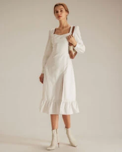 The White Sweetheart Neck Split Midi Dress -Outlet Dress Mix Up Store the sweetheart neck split hem dress white dresses x82t2r