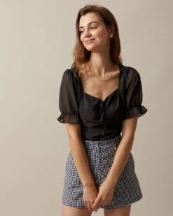 The Black Sweetheart Neck Puff Sleeve Sheer Blouse -Outlet Dress Mix Up Store the sweetheart neck tie font blouse tops as8aqi 337100