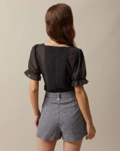 The Black Sweetheart Neck Puff Sleeve Sheer Blouse -Outlet Dress Mix Up Store the sweetheart neck tie font blouse tops levseg 857926