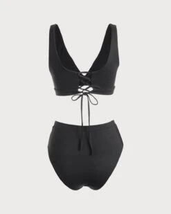 The Black V Neck Tie Back Ribbed Bikini Set 11 The Black V Neck Tie Back Ribbed Bikini Set -Outlet Dress Mix Up Store the tie back bikini set bikinis wzph9p