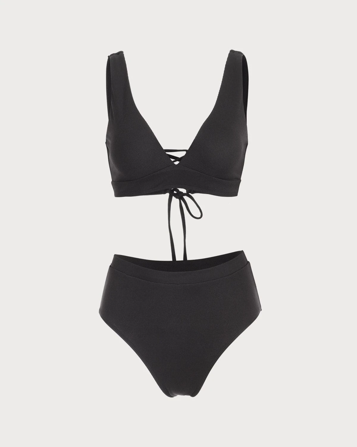The Black V Neck Tie Back Ribbed Bikini Set 5 The Black V Neck Tie Back Ribbed Bikini Set - Image 5