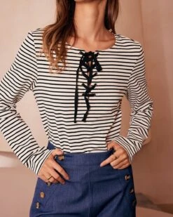 The White Tie Neck Striped Long Sleeve Tee -Outlet Dress Mix Up Store the tie neck striped long sleeve tee tops fe3jg9 914625