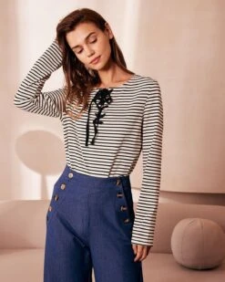 The White Tie Neck Striped Long Sleeve Tee -Outlet Dress Mix Up Store the tie neck striped long sleeve tee tops ji4b9w 950911