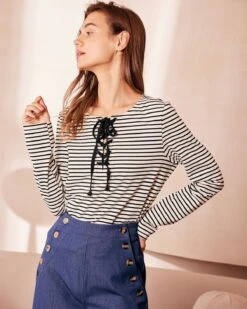 The White Tie Neck Striped Long Sleeve Tee -Outlet Dress Mix Up Store the tie neck striped long sleeve tee tops lv9juo 915384