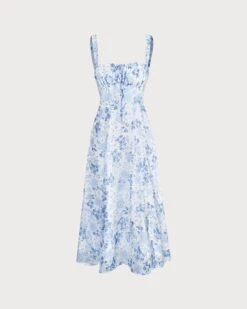 The Blue Square Neck Floral Ruched Midi Dress -Outlet Dress Mix Up Store the tie ruched floral dress blue dresses pczein 846181