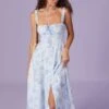 The Blue Square Neck Floral Ruched Midi Dress
