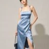 The Solid Sweetheart Neck Tie Shoulder Slit Midi Dress