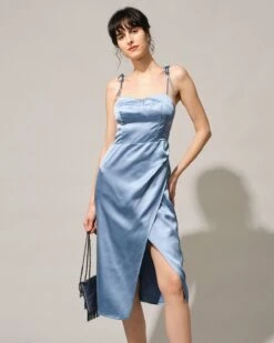 The Solid Sweetheart Neck Tie Shoulder Slit Midi Dress