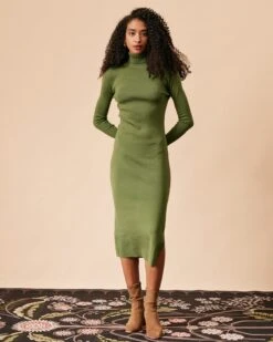 The Green Solid Turtleneck Long Sleeve Knit Dress -Outlet Dress Mix Up Store the turtleneck knit dress dresses joyha6