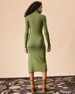 The Green Solid Turtleneck Long Sleeve Knit Dress -Outlet Dress Mix Up Store the turtleneck knit dress dresses lohrsx