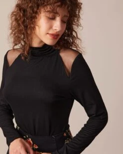 The Black Turtleneck Sheer Splicing Tee -Outlet Dress Mix Up Store the turtleneck sheer splicing top tops sbdlig 749561