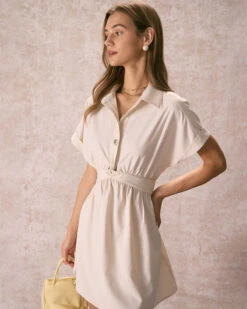 The Beige Ruched Twist Front Shirt Mini Dress -Outlet Dress Mix Up Store the twist front shirt dress dresses nel9v0