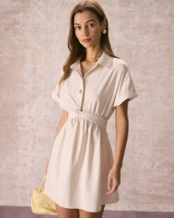 The Beige Ruched Twist Front Shirt Mini Dress -Outlet Dress Mix Up Store the twist front shirt dress dresses pyl7tc