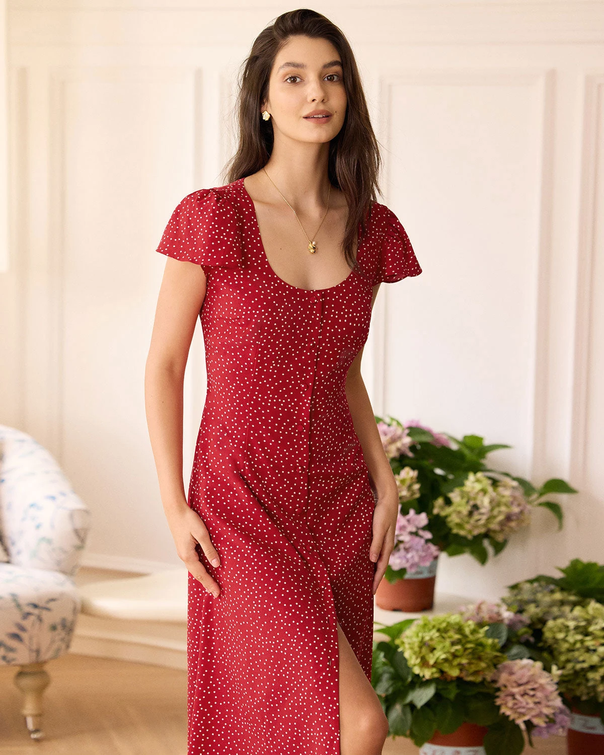 The Red U Neck Polka Dot Midi Dress 4 The Red U Neck Polka Dot Midi Dress - Image 4