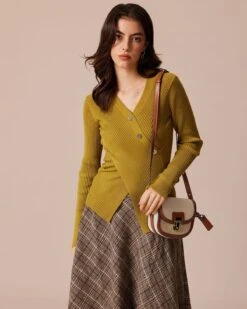 The Green V Neck Ribbed Wrap Knit Top