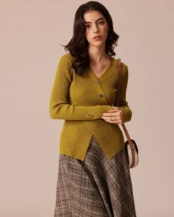 The Green V Neck Ribbed Wrap Knit Top -Outlet Dress Mix Up Store the v neck button front wrap top tops ssay1g 596853