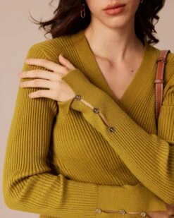 The Green V Neck Ribbed Wrap Knit Top -Outlet Dress Mix Up Store the v neck button front wrap top tops tiu2tp 771040