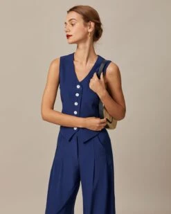 The Navy V Neck Button Up Sleeveless Vest -Outlet Dress Mix Up Store the v neck button up vest tops gfht7r 566574