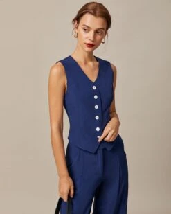 The Navy V Neck Button Up Sleeveless Vest -Outlet Dress Mix Up Store the v neck button up vest tops ssvjub 433761