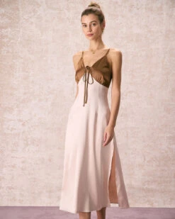 The Khaki V-Neck Colorblock Satin Midi Dress 9 The Khaki V-Neck Colorblock Satin Midi Dress -Outlet Dress Mix Up Store the v neck colorblock satin dress dresses o2s3lo