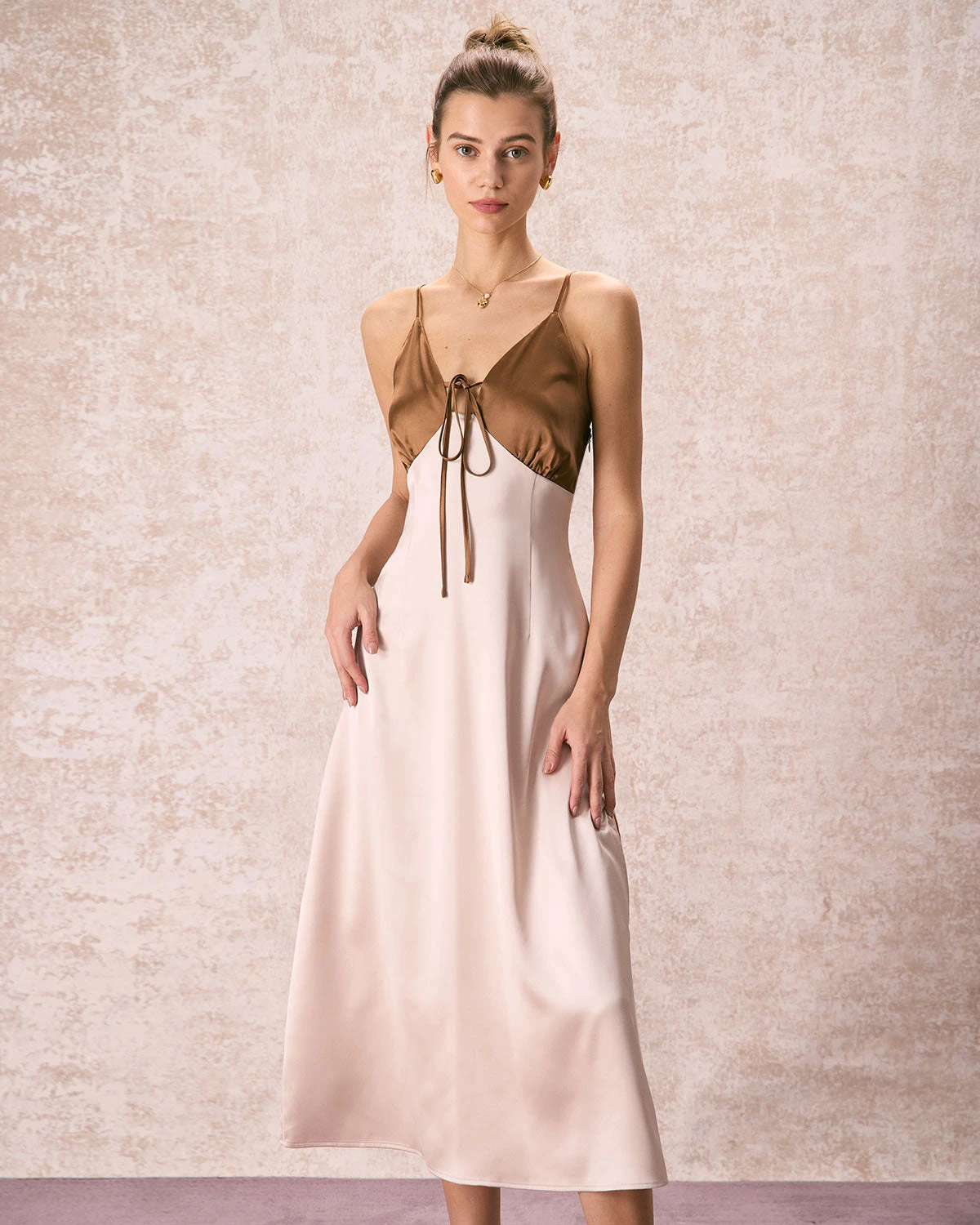 The Khaki V-Neck Colorblock Satin Midi Dress 1 The Khaki V-Neck Colorblock Satin Midi Dress