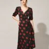 The V Neck Puff Sleeve Floral Wrap Midi Dress