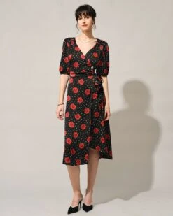 The V Neck Puff Sleeve Floral Wrap Midi Dress -Outlet Dress Mix Up Store the v neck floral wrap dress dresses cxshh5 431687