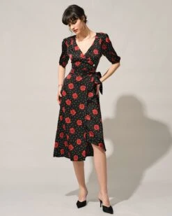 The V Neck Puff Sleeve Floral Wrap Midi Dress -Outlet Dress Mix Up Store the v neck floral wrap dress dresses kwhbxm 990959