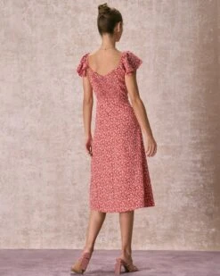 The Red V-Neck Front Slit Floral Midi Dress -Outlet Dress Mix Up Store the v neck front slit floral dress dresses zfy2g8