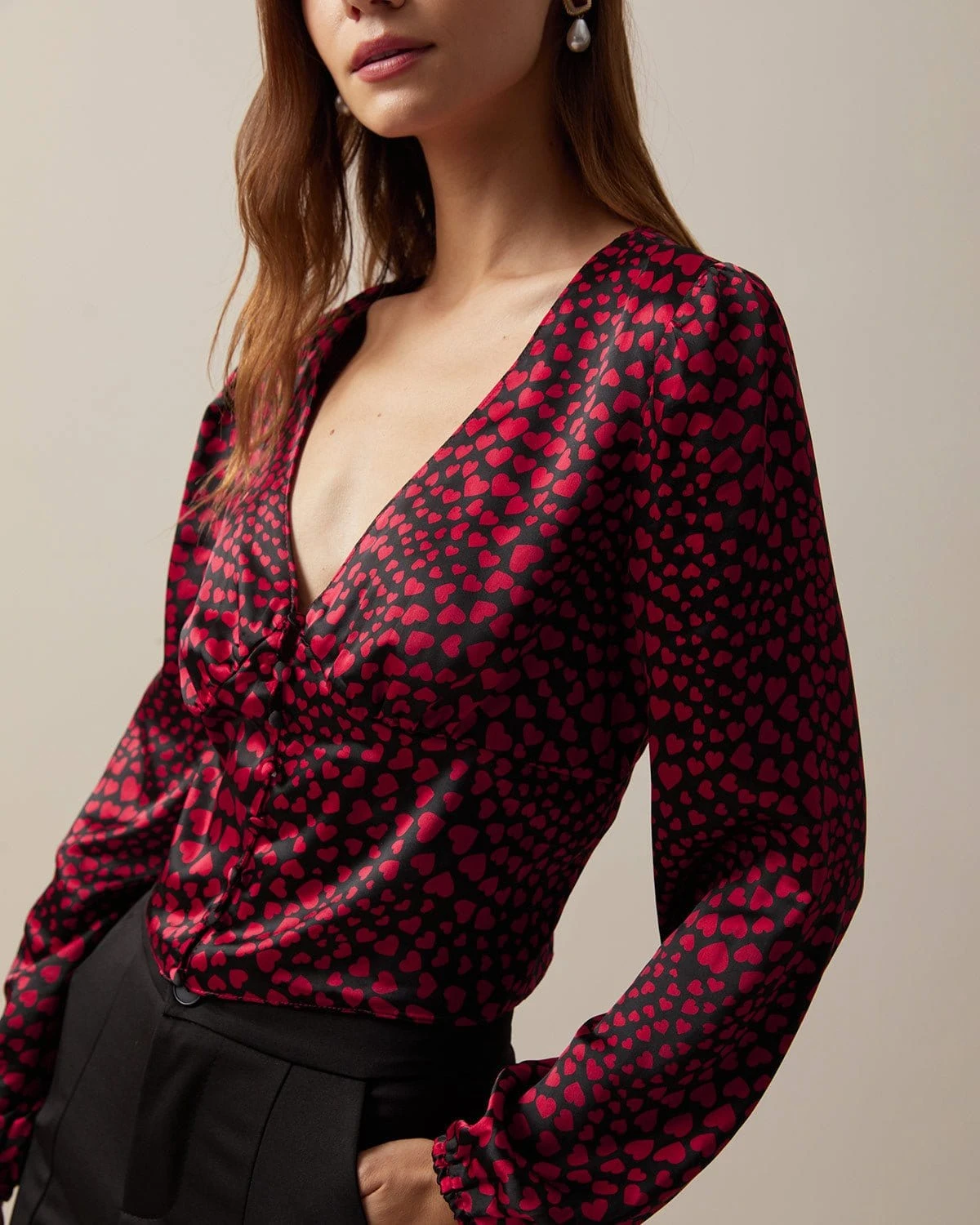 The Red V Neck Heart Print Crop Blouse 2 The Red V Neck Heart Print Crop Blouse - Image 2