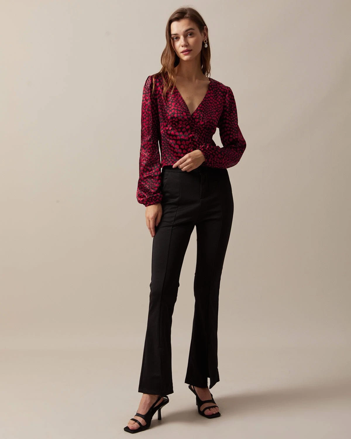 The Red V Neck Heart Print Crop Blouse 3 The Red V Neck Heart Print Crop Blouse - Image 3