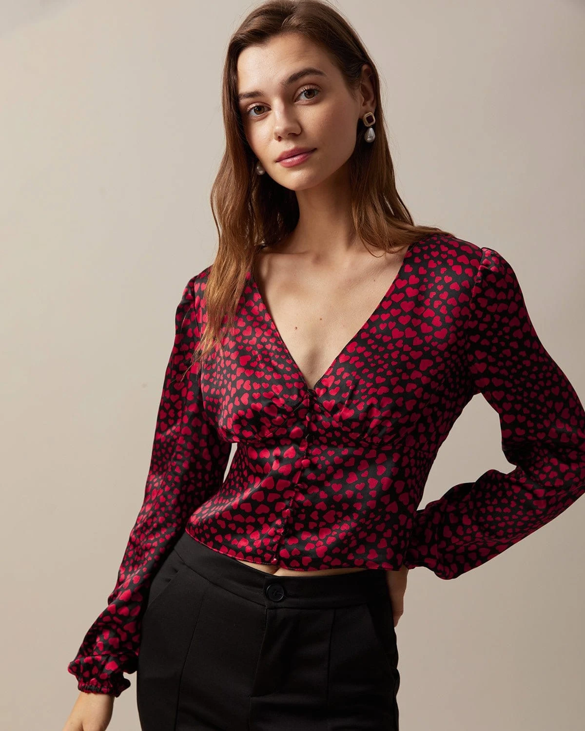 The Red V Neck Heart Print Crop Blouse 1 The Red V Neck Heart Print Crop Blouse