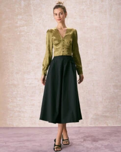 The Green V Neck Jacquard Satin Blouse -Outlet Dress Mix Up Store the v neck jacquard satin blouse tops zho5pw