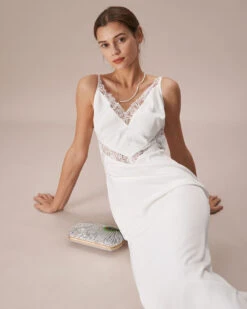 The White V Neck Lace Trim Slip Maxi Dress -Outlet Dress Mix Up Store the v neck lace maxi dress dresses 0g26k3