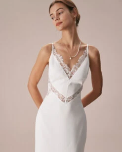 The White V Neck Lace Trim Slip Maxi Dress -Outlet Dress Mix Up Store the v neck lace maxi dress dresses fxnwol